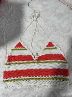 aerie Crochet Stripe Halter Crop Top in White, Red, Olive